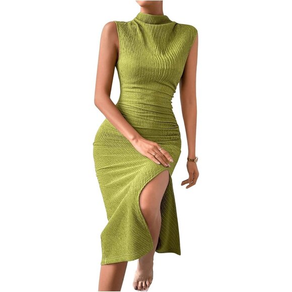 Women's Bodycon Midi Dress Polyester Ruched Side Slit Casual Wear - Picture 6 of 6